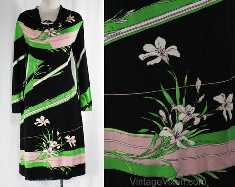 Size 10 Lily Print Dress from Italy - Cowl Neck 60s Designer Label Gianantonio - Kelly Green & Black Border Print - Long Sleeve - Bust 37.5