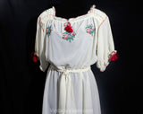 Large Designer Peasant Dress - Size 12 Bohemian Summer Frock with Cross Stitch Embroidery - 80s Does 30s Scarlet Red & White - Bust up to 42