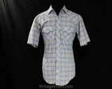 Small Men's Western Shirt - 1970s Rockabilly Cowboy Mens Top - Short Sleeved Blue Maroon White Plaid Cotton - Holt - Neck 14.5 - Chest 38