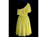 Size 4 Cocktail Mini Dress - Fabulous 1960s Yellow Polka Dot Silk Chiffon Party - One Bare Shoulder - Designer Fred Perlberg - Waist 25