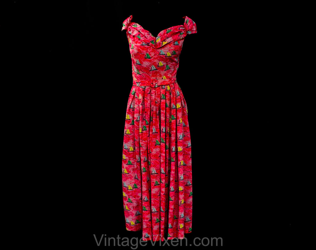 XS 1940s Pink Silk Dress - Gorgeous 40s 50s Sailboat Novelty Print - Off Shoulder Summer Frock - Coral Green Blue Yellow - Waist 24.5