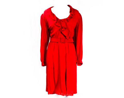 Size 12 Red Crepe Dress - Long Sleeve 70s 80s Wrap Style with Sexy Ruffle Decolletage & Original Belt - Designer Jerry Silverman - Waist 31