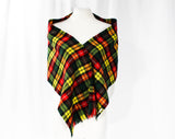 Red Yellow Green Plaid Scarf - 1950s 60s Tartan Artisan Style Woven Wool - Large Rectangle with Self Fringe - Fall Winter Cozy Coat Scarf