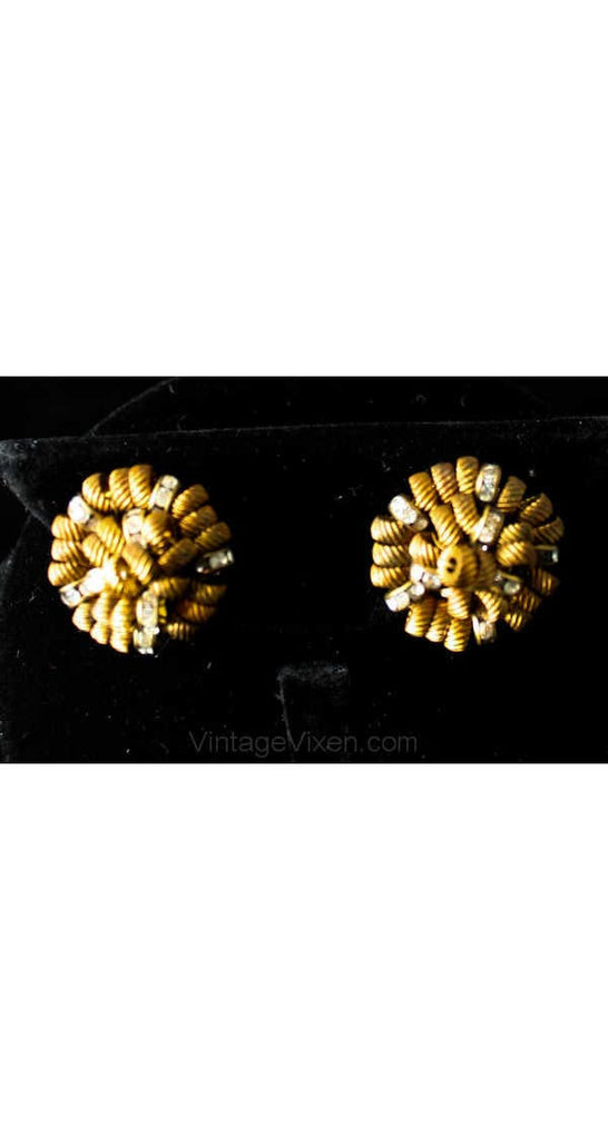 Antique Style 1950s Brass & Rhinestone Button Earrings - Fall - Goldtone Metal - 1950s Victorian Look - Brassy Hand Wired Beads - 39053-1