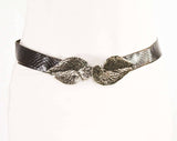 Medium Faux Snakeskin Belt with Tropical Leaves Buckle - Size 10 to 14 Black & Brown Reptile 1980s Summer Belt with Antiqued Metal Buckle