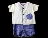 Cute 60s Blue Apple Shirt & Gingham Overall - Size 24 Months Toddlers Play Summer Outfit - Gender Neutral 1960s Deadstock - Childrens 2-Pc