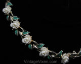 White Roses Jewelry Set - 50s Necklace Bracelet Earrings - Sweet Feminine Spring Summer 1950s 1960s - Jade Green Painted Leaves - 50579