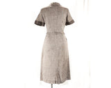 Size 8 1950s Secretary Dress - Short Sleeved 50s Brown Fleck Cottony Fitted Sheath - Peter Pan Collar & Bow - Original Belt - Waist 29.5