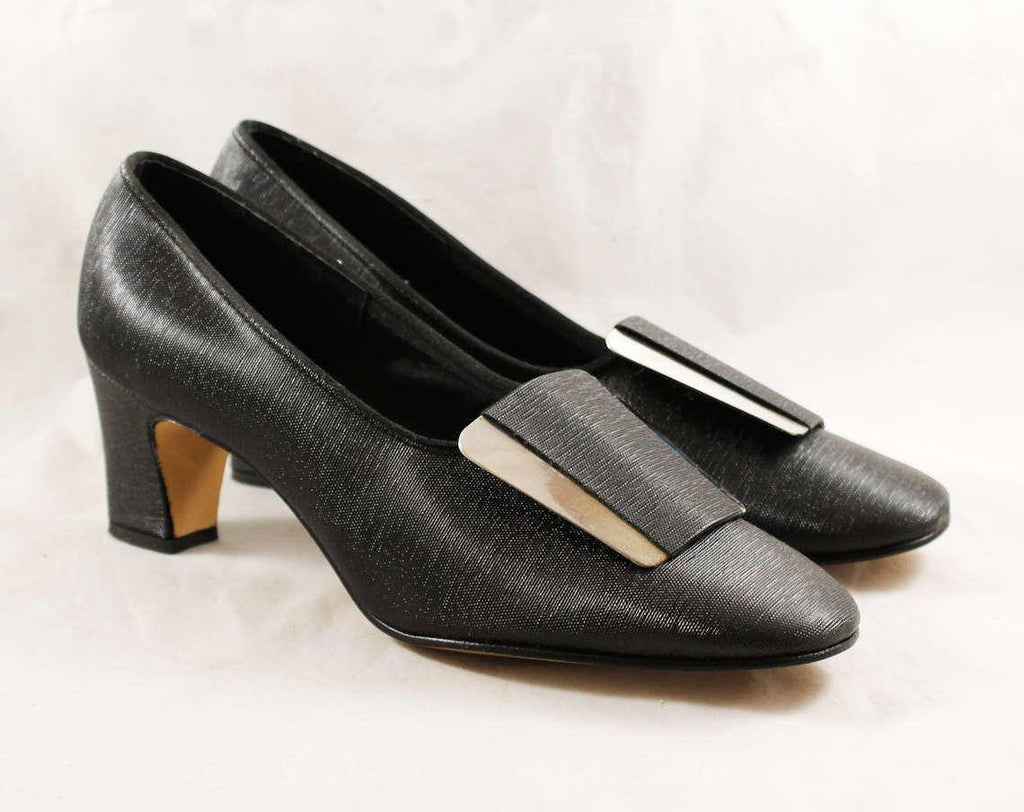 Size 8 Black Pumps - Very Mod Glossy Shoes with Sleek Silver Tone Buckle - Minimalist 60s Secretary Style - NOS 1960s Deadstock - 47874-2