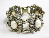 1950s Victorian Inspired Bracelet - 50s Baroque Faux Pearls Panel Bracelet - Antique Look Filigree Metal - White Gold Champagne - 50451