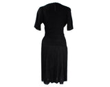 Size 4 1930s Dress - Small Short Sleeve 30s 40s Black Crepe Cocktail with Ruching & Long Fringe Skirt - Elegant Draped Torso - Waist 26.5