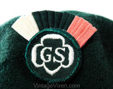 1950s Girl Scouts Child's Hat - Beret Tam Style Flat Cap with GS Logo and Ribbon Cockage - Dark Hunter Green Pink & White - 40s 50s Kangol