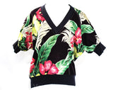 Large 1940s Style Tropical Floral Top - Black Pink Green Chartreuse Cotton Casual Blouse - Terrific Jungle Print - 80s Does 40s - Bust to 44