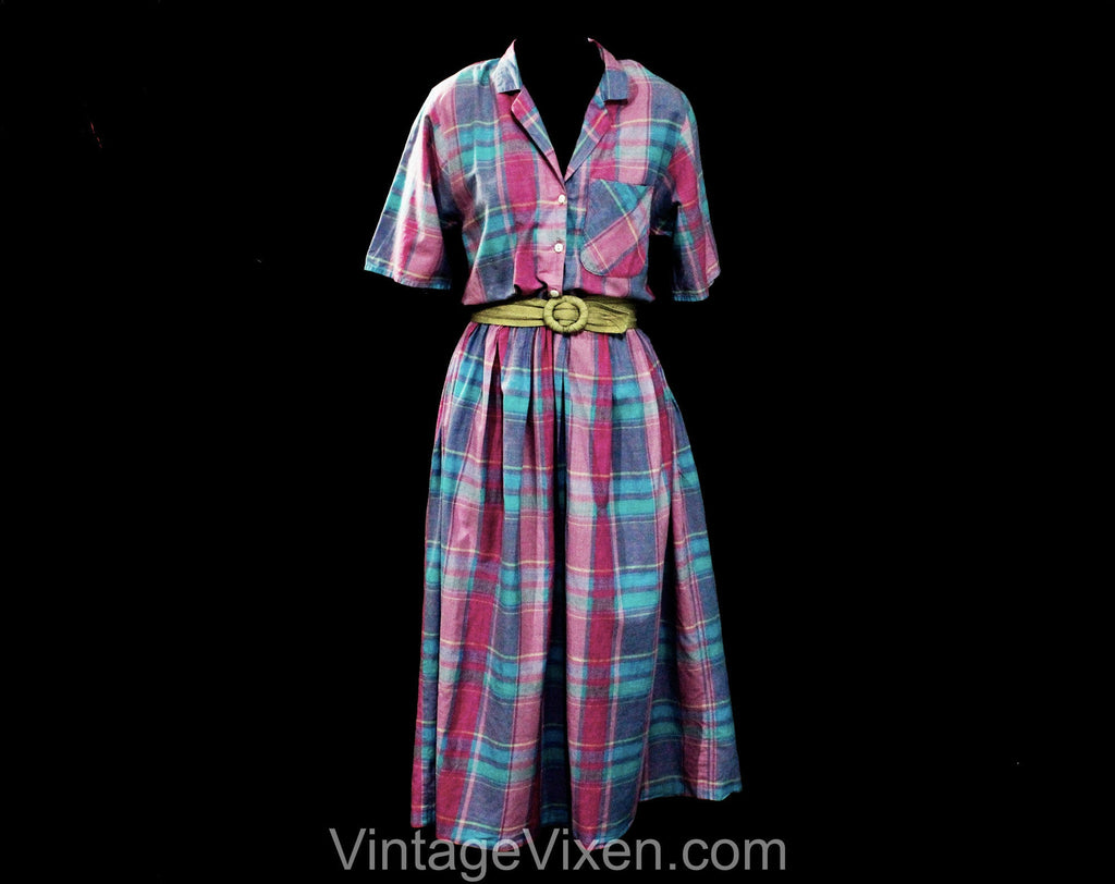 Size 6 DVF Summer Dress & Belt - 1980s Diane von Furstenberg Pink and Turquoise Blue Cotton Plaid Shirtwaist - Breezy Resort Chic - Bust 34