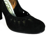Size 5 1940s Black Suede Shoes - Unworn 40s Pin Up Girl High Heels with Jagged Sawtooth Cutouts - Round Toe - Beautiful WWII NOS Deadstock
