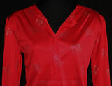 Size 4 Knit Blouse - Jazzy 1980s Red & Silver Jersey Shirt - Small Disco Top - Deco Dandelion Print - Retro Collarless 80s - Bust 36 - 33644