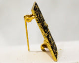 Black & Gold Asian Bird Brooch - Beautiful Square Etched Metal Pin - Antique Victorian Look Made in the 1950s 60s - Antique Heirloom Style