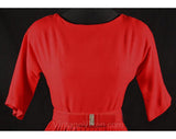 Size 2 Red 1950s Vintage Vixen Dress - Rhinestone Bow Belt - Fitted Bodice Pleated Full Skirt - XS Holiday Cocktail - Waist 25 - Bust 32