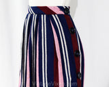 Size 8 1950s Folk Style Full Skirt - Artisan Style Pleated Cotton - Navy Blue Burgundy Pink & White Stripes - 50s Nelly de Grab - Waist 26.5