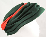 1940s Hat by Lilly Dache - Late 40s New Look Forest Green Felt Saucer with Coral Orange Knit Turban Style Trim - Paris New York Label