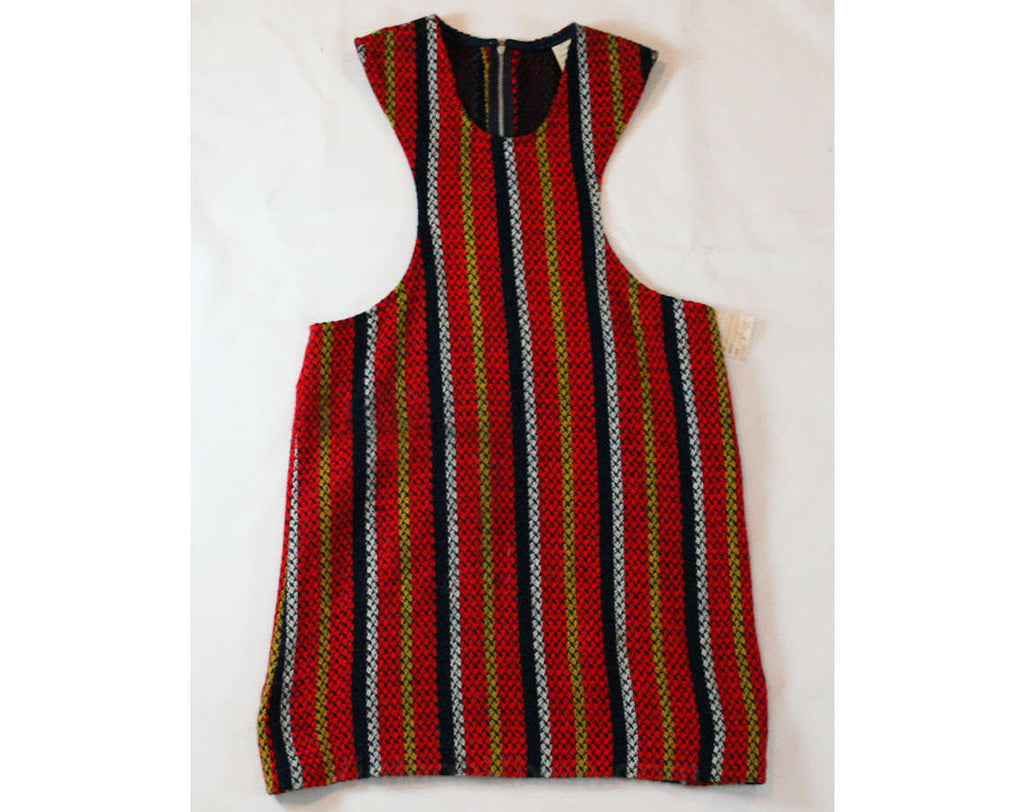 Girl's Mod 60s Dress - Child Size 10 - 1960s Red & Navy Striped Tweed Jumper - Sleeveless - Go Go Girls Mini Dress - Hip 33 - 43537