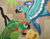 Needlepoint Fabric - Macaw Tropical Birds in Jungle Needle Point - Blue Green Pink 1970s 1980s Wool Yarn - Rectangular - 9.75 x 14.25 Inches