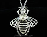 70s Pendant Necklace - Novelty Bee Insect Design with Jointed Moveable Parts - Silver Hue Metal Wasp - 1970s Big Bug with Ruby Rhinestones