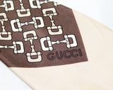 1970s Gucci Designer Tie - Brown Buckle Bit Novelty Print Men's 70s Necktie - Chocolate & Beige Silk Foulard with Signature Engineered Print
