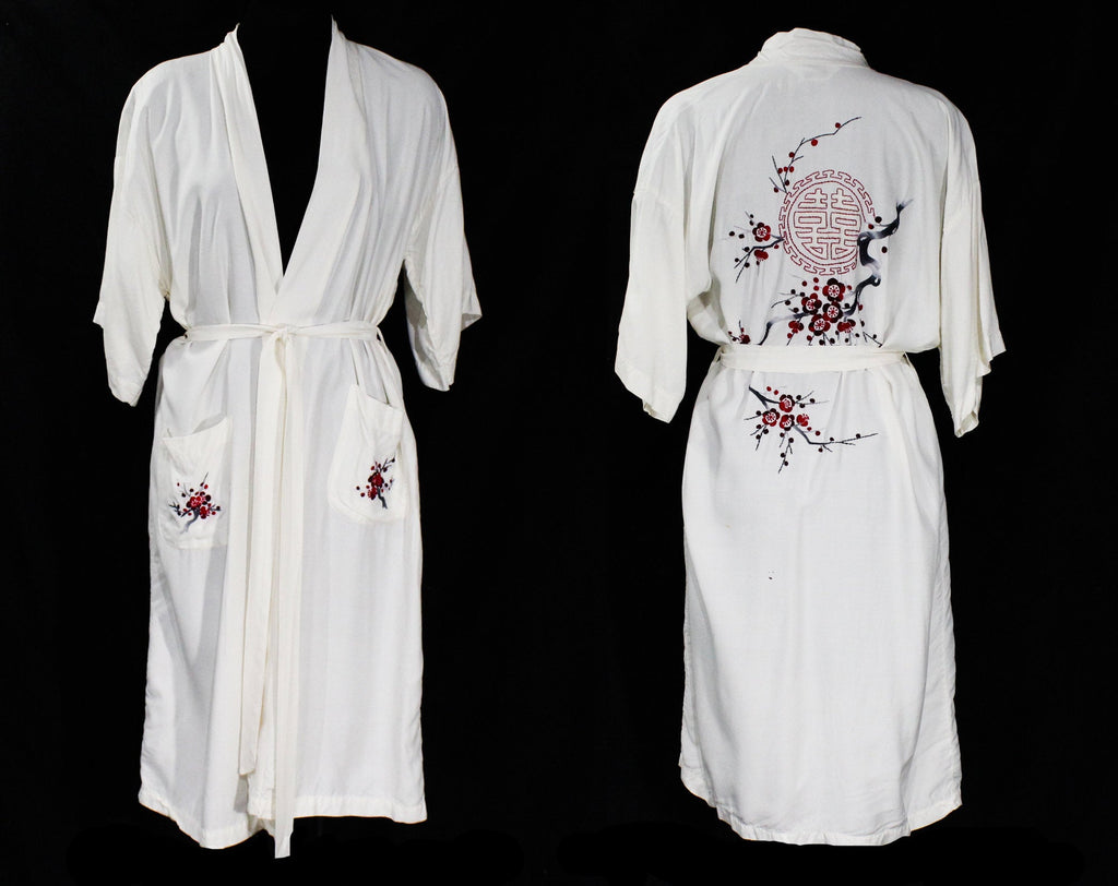 Medium 1950s Asian Kimono Style Robe with Red Cherry Blossom Embroidery - White Rayon Eastern 50s Lounge Wear - Medallion Back - Bust 42