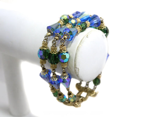 Blue & Green Beaded Glass Bracelet - Triple Strands - Gorgeous 1950s 1960s Jewelry by Corocraft - Sapphire Peridot Aurora Borealis - 50450