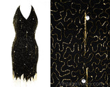 XXS 1990s Beaded Halter Dress - Black Silk Chiffon Size 0 Party Cocktail with Gold Beads & Fringe - Sexy Savage Jagged Hem - Bust 33.5