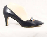 Size 8 Navy Shoes - Unworn 1950s 1960s Dark Blue Heels - 60s Deadstock - Leather with Sleek Modernist Trim - by Cotillion - 8 B Width