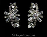 50s Bombshell Rhinestone Earrings - Starburst Glamour Silvertone Metal Clips - 1950s 1960s Evening Formal Jewelry - Hollywood Chic - 50500