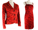 Size 0 Designer Rudi Gernreich 1960s Red Paisley Cocktail Dress & Jacket - XXS 60s Brocade Evening Suit - Slim Fitted Posh - Bust 31.5