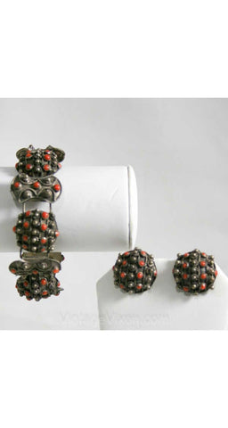 Italian Chic 1940s Silver & Carnelian Bracelet Set - Earrings - 40s Demi-Parure - Orange - Made In Italy - Deadstock - New In Box - 40243