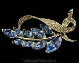 Sparkling Blue Rhinestone Brooch & Earrings - Spring 50s Jewelry - Elegant 1950s Leaves Demi Parure - Leafy Lapel Pin - Wedgwood and Silver