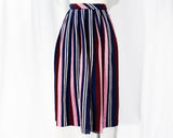 Size 8 1950s Folk Style Full Skirt - Artisan Style Pleated Cotton - Navy Blue Burgundy Pink & White Stripes - 50s Nelly de Grab - Waist 26.5