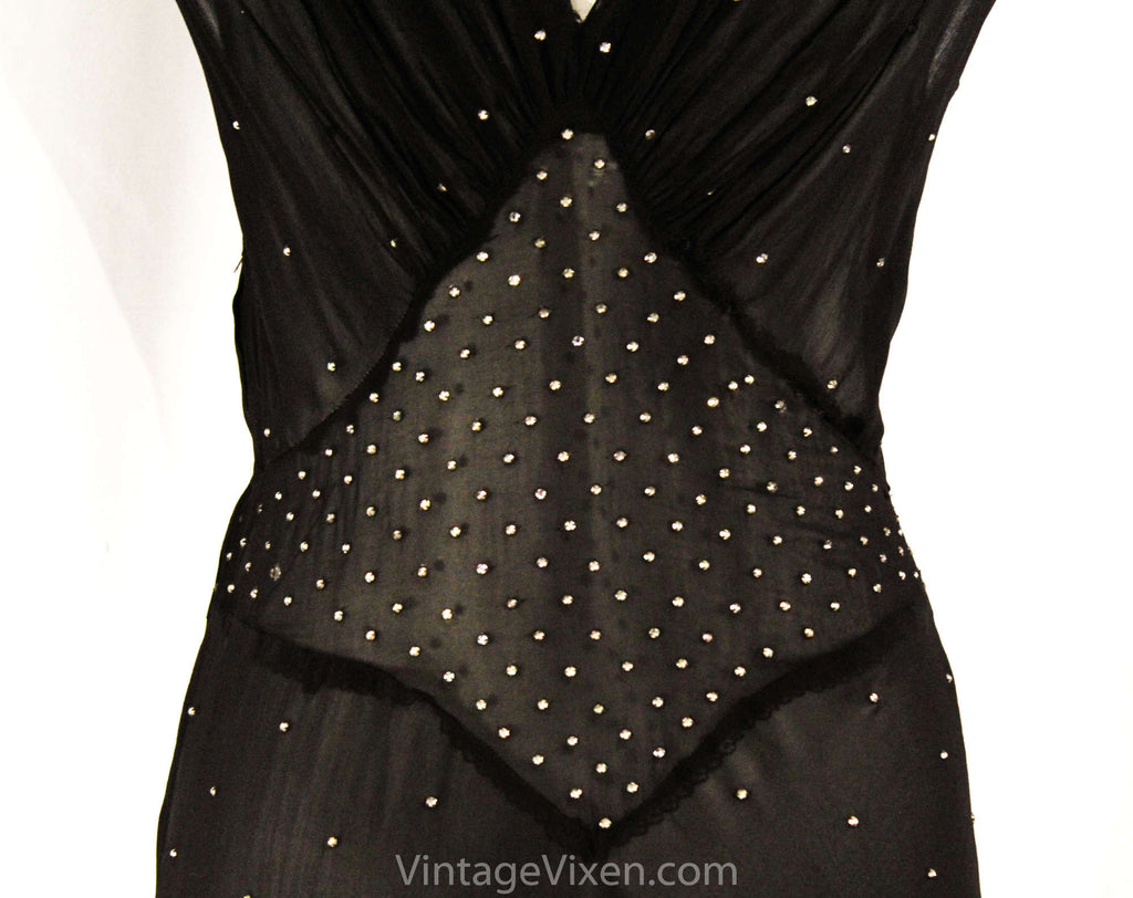 Size 12 1930s Evening Dress - Sheer Black Chiffon & Rhinestones - Auth Vintage Vixen Clothing Size 12 1930s Evening Dress - Sheer Black Chiffon & Rhinestones - Auth Vintage Vixen Clothing