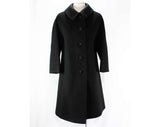 Size 12 1950s Coat - Superior Quality Black Wool Minimalist Overcoat - Mid Century 50s Chic Tailored Outerwear - Satin Cord Button - Bust 39