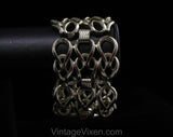 Gold Hue Metal Bracelet - 1960s 70s Lyrical Metal "Weave" Effect Linked Jewelry - Goldtone Brassy Loops - 2 Inches Wide - SAC - 50513