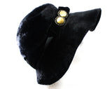 Soft Black Hat with Brass Buttons & Velvet Band - Furry Velvety Napped Felt - 1930s Look Floppy Brim Millinery - Mixed Eras - Eva NYC Label