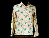 1940s Novelty Print Ski Shirt - Teen Boy's 18 Skiing Theme Top - Rustic Authentic 40s Sportswear - Jade Green Mauve Taupe Cotton - Chest 36