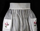 Violet Pansy Print 1950s Apron - Sheer White Cotton Half-Apron with Botanical Spring Flowers Chintz - Size XS to Small - 40s 50s Tea Party