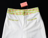 Size 4 White Pants - 1970s Small Preppy Trousers with Pink & Green Argyle Plaid Trim - Spring Summer 70s Polyester Wide Leg - Waist 25.5