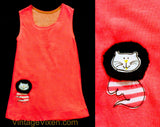 Girl's 5T 6 Dress with Cute Lion Cat Applique - 1960s Fluorescent Orange Girls Summer Sheath - Childs 60s Mod - African Animal - Chest 24