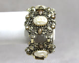 1950s Victorian Inspired Bracelet - 50s Baroque Faux Pearls Panel Bracelet - Antique Look Filigree Metal - White Gold Champagne - 50451