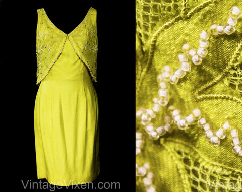 Size 6 Yellow Cocktail Dress - 1950s 60s Silk Fitted Sheath with Fishnet, Beadwork & Rhinestones - Gorgeous 50s Marilyn Hourglass - Waist 26