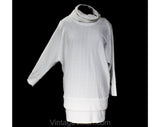 Size 12 1980s Mini Dress - White Knit Sweaterdress - Chic 80s Street Style - Turtle Cowl Neck - Long Batwing Sleeves - Large Sheath - Hip 40