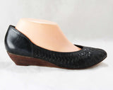 Size 6 Leather Shoes - Boho Black Huarache Style Design - 1990s Stilettos - Woven Trim & Stacked Wood Heels - Brazil - 90s Deadstock 6M