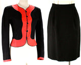 Size 6 1930s Inspired Suit - Designer Ungaro Paris Label 1990s Jacket & Skirt - Black and Salmon Pink Linen - 90s Retro Style - Waist 25.5